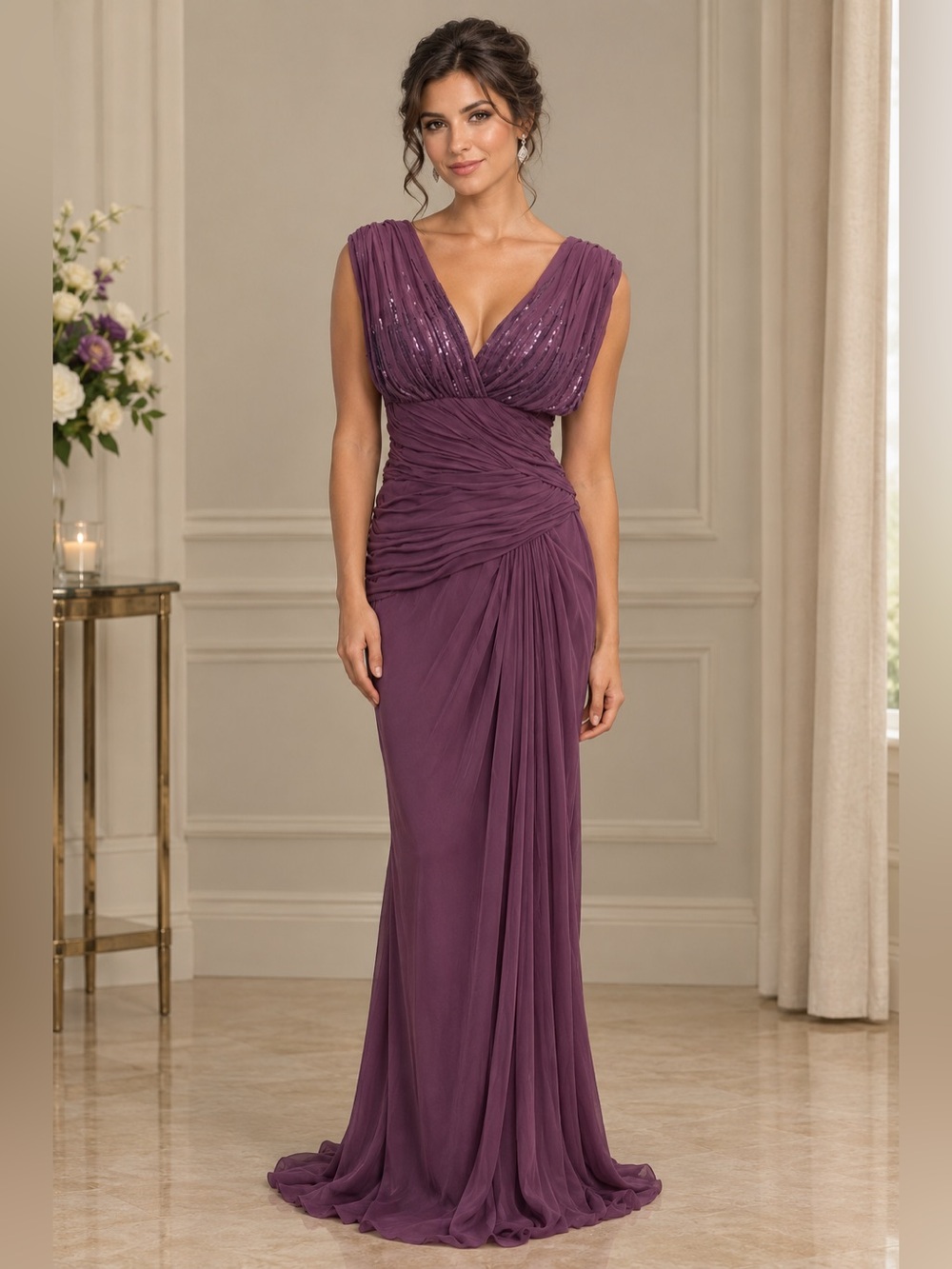 Evening Ruched V-Neck Gown in Amethyst